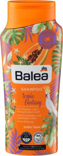 Balea Shampoo Tropic Fantasy Mango Papaya, zauberhafter Glanz, Geschmeidigkeit & gesundes Aussehen bis in die Spitzen, Aufbaukomplex silikonfrei, Vitamin B3, Provitamin B5, tägliche Haarwäsche, 300 ml