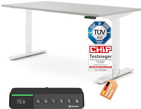 Ergotopia Desktopia Pro X Elektrisch höhenverstellbarer Schreibtisch, Ergonomischer Stehtisch für Büro oder Home Office (Grau, Gestell Weiß, 160 x 80 cm)