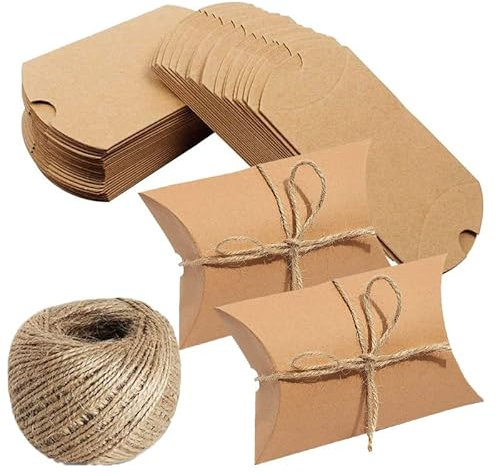 100 STK. Kraftpapier Süßigkeiten Karton Hochzeit Gastgeschenke Geschenkboxen mit Juteschnur, Kleine Geschenkkartons, Kissen-Kästen, für Weihnachten, Süßigkeiten, Nuss, Hochzeit