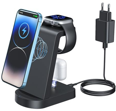 Kabellose Ladestation,Wireless Charger 3 in 1 induktive Kabelloses Ladegerät Mit 18W Adapter,Kompatibel Mit iPhone 16/15/14/13/12 Pro/Pro Max,Apple Watch Ultra/10/9/8/7/6/5/SE AirPods321/Pro1 Schwarz