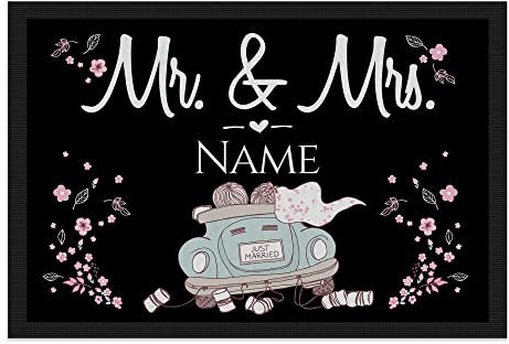 Print Royal Personalisierte Fußmatte mit Namen - Mr und Mrs mit Auto - Geschenke zum Einzug | rutschfest, 60x40cm mit Gummirand