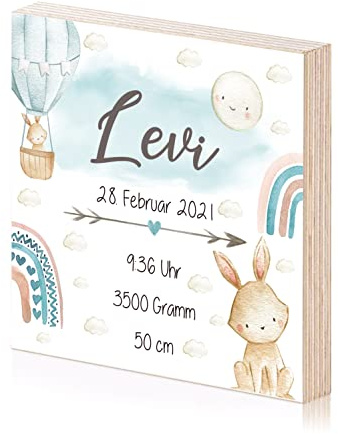 Holzbild personalisiert mit Namen und Geburtsdaten als Geschenk zur Geburt oder Taufe als Geburtsanzeige Geburtsbild Baby (JUNGE, Hase)