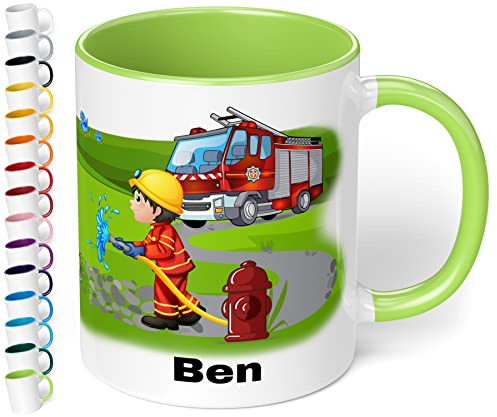 Tasse mit Namen für Kinder Feuerwehrmann – Kindertasse personalisiert – Feuerwehr Kinderbecher Trinkbecher für Jungen und Mädchen - rundum bedruckt – Geschenk zu Weihnachten, Geburtstag (Hellgrün)