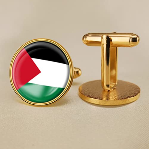 Bodmind Gemelos Bandera,Rayas De Moda Palestina Bandera Arte Hombres Casual Tela Incrustación Redonda Camisa Puño-Link Negocios Fiesta De Bodas Joyería Regalo Aniversario Cumpleaños,Oro,19Mm