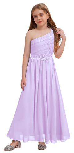 Freebily Vestito da Cerimonia Bambina Chiffon Vestito da Principessa Elegante Monospalla Maxi Abito da Sposa Damigella d'Onore Matrimonio Abito Lungo Festa di Compleanno Sera Lanvanda 7-8 Anni