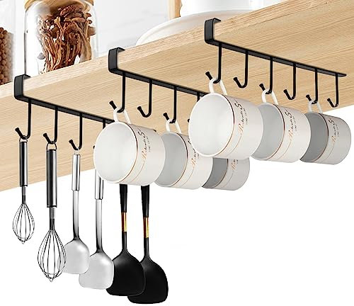 RISVOWO Tassenhalter 3 Stücke, Tassenregal Haken Ohne Bohren, Multifunktionale Lagerung Shelf Becherhalter für Aufbewahrung in der Küche, Schrankeinsatz für Tassen/Küchenutensilien (Schwarz)