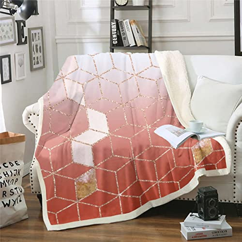 Coral Ombre Geometrische Wurfdecke 130x150cm für Mädchen Frauen, Gradient Geometrie Honigwaben Sherpa Decke für Bett Couch Hexagon Diamant Marmor Fleece Decke Warme Gemütliche Flanell Decke