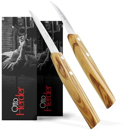 Otto Herder Manicure 2er Set Gemüsemesser mit gerader und gebogener Klinge, Schälmesser mit Olivenholz-Griff, Küchenmesser aus Solingen, rostfreies Kartoffelmesser