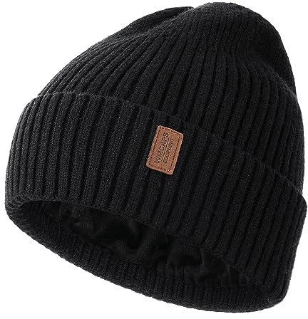 Wmcaps Beanie for Men, Unisex Classic Knit Beanie Winter Hat Stretchy Soft Cuffed Wooly Hat with Thermal Thick Fleece Lining, Gifts for Men/Women/Her/Him/Dad（Black）