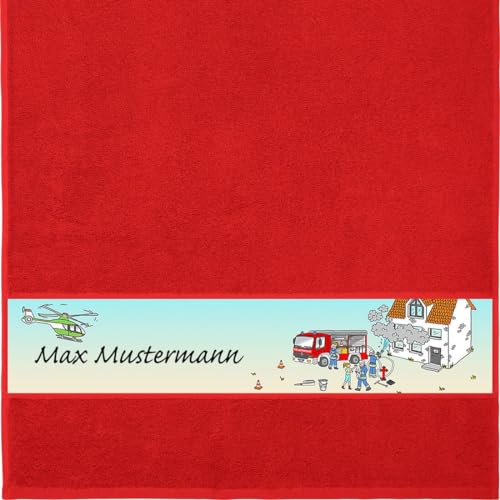 Erwin Müller Handtuch mit Namen - personalisiert - Motiv Kinder - Feuerwehr - viele Farben & Motive - Dusch-Handtuch - rot - Größe 50x100 cm - persönliches Geschenk mit Wunsch-Name