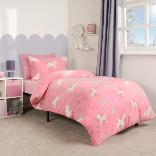 OHS Unicorn Bedding Einzelbettdecke aus Teddy-Fleece, rosa Bettwäsche für Mädchen, Einzelbettbezüge mit Kissenbezug, ultraweich, bequem, warm, Thermo-Bettwäsche