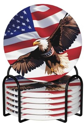 Runde Form, 6 Keramik-Untersetzer, USA-Adler mit amerikanischer Flagge, rutschfester Korkboden, passend für alle Kaffeetassen, Sportbecher und -becher