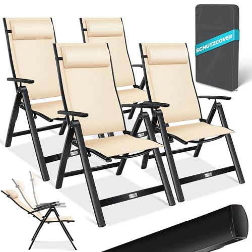 KESSER Trädgårdsstol med högt ryggstöd med armstöd | set om 4 | i aluminium med kudde och överdrag | med 7-positioners justerbart ryggstöd | andningsbar, vikbar, halkfri | beige