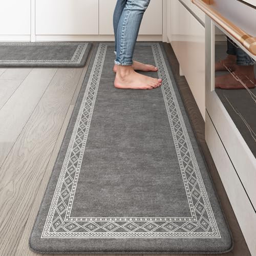 KIMODE Anti-Ermüdungsmatten für Küchenböden, Bauernhaus-Küchenteppiche, rutschfest, bequeme Stehmatte für Spüle, Wäsche, Büro, Schreibtisch, Zuhause, Dunkelgrau, 43,2 x 149,9 cm + 43,2 x 73,7 cm, 2
