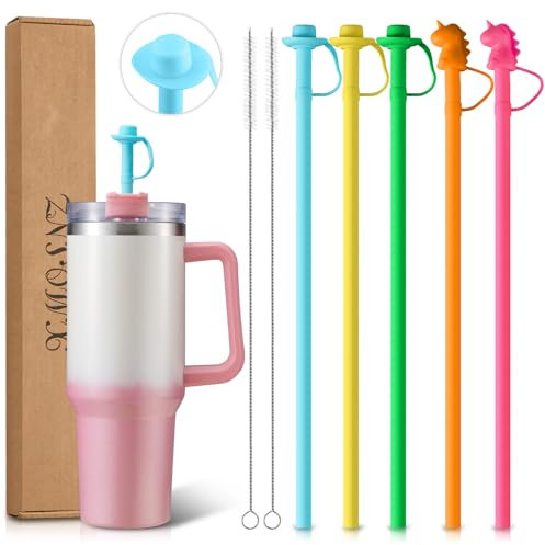 Wide Reusable Silicone Straws With Cover, Compatible With Stanley 40 Oz 30 Oz 20 Oz Cup Tumbler, 5 Pack Long Smoothie Straws With Cleaning Brush