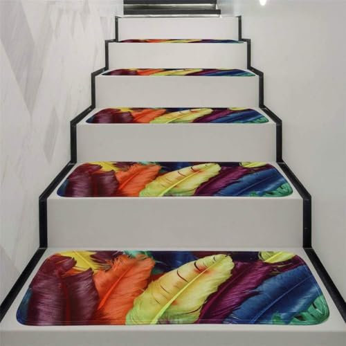 TONG TONG rutschfeste Stufenmatten, Bunte Feder Selbstklebender Treppenstufen-Teppich Schlafzimmer Badezimmer Tür Boden Weich Und Bequem Stufen Teppiche Protector Matten,70X22cm (15pcs)