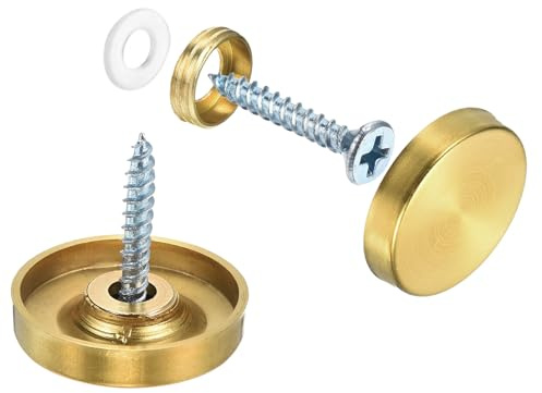 QUARKZMAN 16pcs Tornillos de Espejo, 25mm Tapas Decorativas de Acero Inoxidable 304 Fijaciones de Tornillos Tapones Planas para Cubrir Clavos para Carteles Publicitarios, Dorado