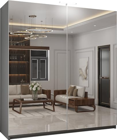 SLIDING WARDROBE 4U Perth Full Mirror Sliding Door Wardrobe with Top LED Light, Freestanding MDF Chipboard Bedroom Closet with Hanging Rails & Shelves (Grey, 150cm)