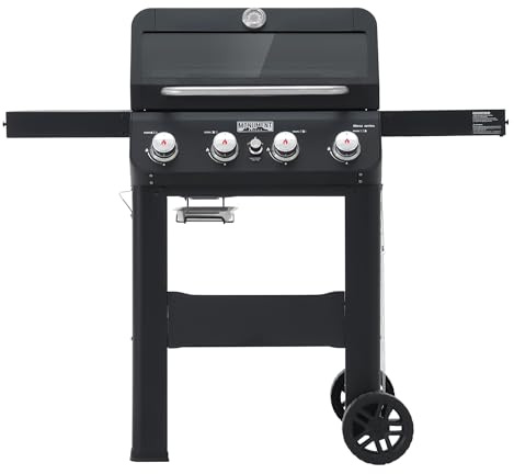 Monument Grills Barbecue à gaz propane liquide à 4 brûleurs, grille en acier inoxydable noir avec couvercle Clearview et une étagère pliable pour la cuisine en plein air, la cuisine et la cour