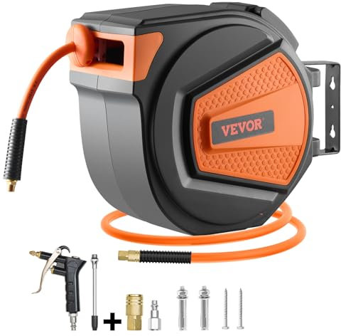 VEVOR Retractable Air Hose Reel, 3/8 x 65' Hybrid Air Hose Max 300 PSI, Air Compressor Hose Reel with 6.6ft Cord, Polypropylene Bracket