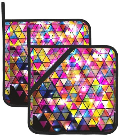 Set di 2 presine triangolari geometriche colorate, da usare per cuocere a microonde, servire il forno e grigliare