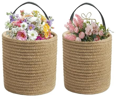 Jute Hanging Basket Wall with Handle, Flower Plants Basket Set, Woven Wall Decor for Home Garden Set of 2 (one Large, one Small)