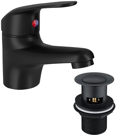 Matt Black Basin Mixer Tap with Pop Up Slotted Waste Monoblock Sink Faucet Single Handle Deck Mounted with Flexi Hoses and Fittings