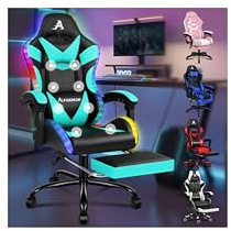 ALFORDSON Gaming-Stuhl Massage LED Gamer-Stühle, ergonomisch Schreibtischstuhl Bürostuhl 150° Neigung,360° Drehstuhl, einziehbarer Fußstütze, höhenverstellbar, 180 kg Tragkraft, PU-Leder,Cyan