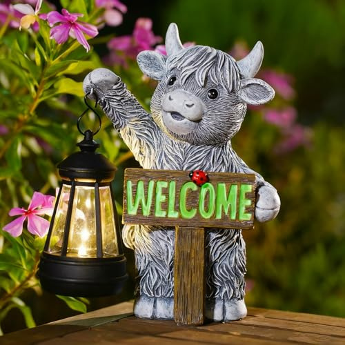 Yeomoo Highland Figurine de vache avec lampes solaires - Décoration de jardin - Cadeau amusant pour femmes, mères et hommes - Décoration solaire de bœuf des Highlands avec bienvenue - Figurine de