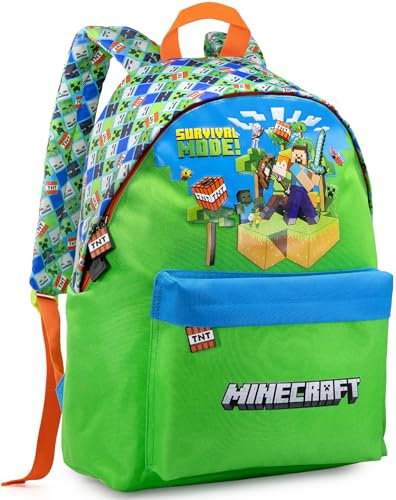 Clondo Amerikansk barnryggsäck 41 x 31 x 18 cm med vadderade axelremmar, avdelare inuti, framficka och vattenflaskhållare – för skola, fritid, resor, Minecraft Survival