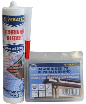 Vebatec Dachrinnen Reparaturset: Dachrinnenkleber + Butyl-Reparaturband 75mm x 1,5m Fb. Silber für dauerhafte Reparaturen