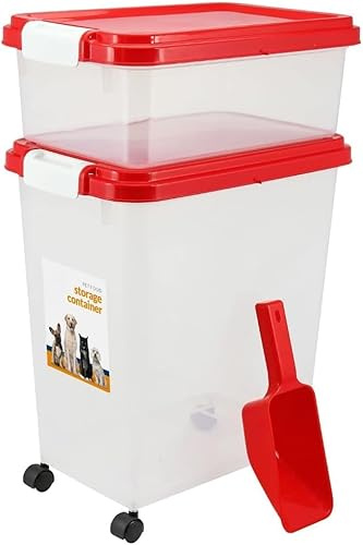 Home Beauty 3-Piece Airtight Pet Food Storage Container 50L Large Plastic Dog Food Bin with Measuring Scoop – Dry Cat Pet Animal Feed Dispenser – BPA-Free Locking Lid – (Red)