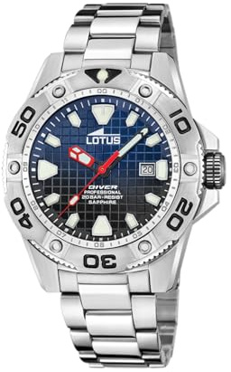 LOTUS Reloj Hombre Analógico de Acero Inoxidable 316l Plateado | Movimiento de Cuarzo, Calendario, Cristal Zafiro de Alta Resistencia, Resistente al Agua 20 ATM 18929/E Diver