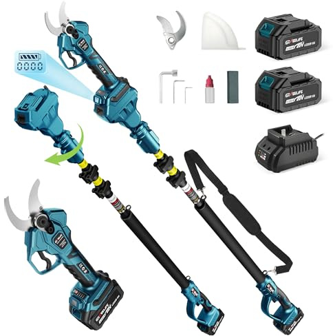 GEVEELIFE 2-in-1 Electric Pruning Shears Cordless, 1.6 Cutting Diameter, Electric Tree Pruner with 12.8Ft Reach Extension Pole, 2×4.0Ah Battery Powered Pole Pruner for Tree Trimming