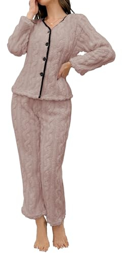 Pigiama Invernale Donna Pile Caldo Completo 2 Pezzi Maglia Manica Lunga Scollo a V con Bottoni Abbigliamento Casa