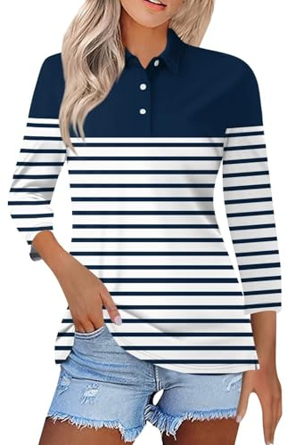 Womens Polo Shirt 3/4 Sleeve Striped Patchwork Tunic Tops Autumn Oversize Business Causal Work Office Button Down Collared T-Shirt Lady Lightweight Tracksuit for Golf Tennis Gym