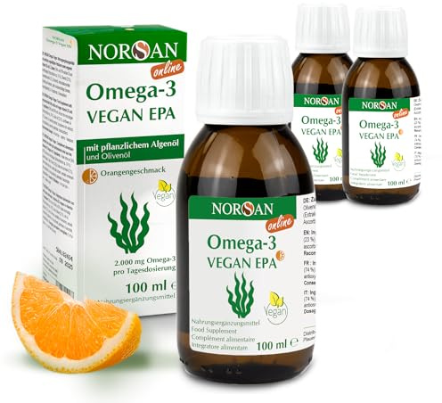 NORSAN VEGAN EPA Algenöl - 2.000 mg Omega 3 Öl hochdosiert - 3x 100ml vegan | pflanzliches Omega-3 Öl mit 1.104 mg EPA und 770 mg DHA pro Portion - mit Vitamin D3 (800 I.E) - mit Orangengeschmack