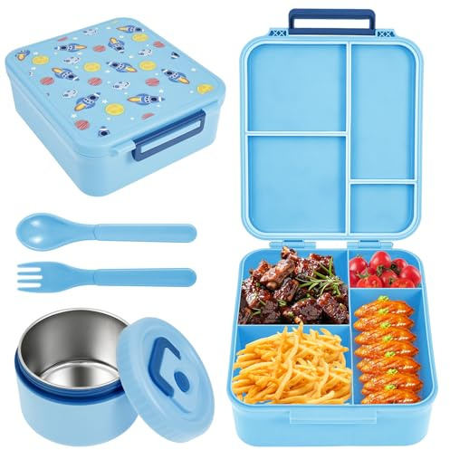YUNYOUC Kids Lunch Box, 1700ml Packed Box with Soup Jar Spoon Fork, Food Container with Multi-Compartments for Boys Girls Children Toddler Adult Work School(Blue)
