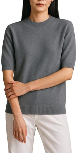 Jersey en Punto para Mujer Manga al Codo, Cuello Redondo, Ajuste Recto, Tejido Mezcla Lana, Ligero para Oficina y Diario, Capa Base de Entretiempo