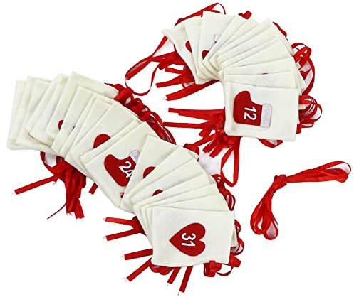 Yctze Weihnachts-Adventskalendertaschen – 31 Tage Countdown-Geschenktaschen aus Filz Zum Aufhängen, Festliche Dekorationen, Wiederverwendbare Weihnachtsdekoration mit Herz-, Strumpf- und