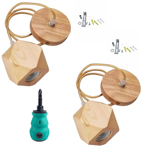 QUCpona Wooden Lamp Base and Canopy 2-Pack, Modern Geometric & Cylinder Pendant Light Holder with Golden Cord, E26/E27 Socket, Ceiling Fixture Not Included (Rectangular)