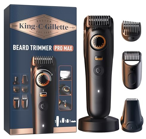 King C Gillette Cordless Beard Trimmer PRO MAX for Men with 40 Length Settings and Style Lock. 1 Trimmer, 1 Cleaning Brush, 4 Interchangeable Combs, 1 Charging Stand, and 1 Zip Pouch