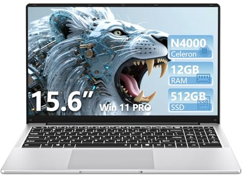 15.6 Pulgadas Ordenador Portatil, Win 11 PC Portátil Celeron N4000 CPU, Portátil con 12GB LPDDR4 512GB SSD, 1920*1080 IPS FHD Pantalla Laptop, TF Card Slot expansión hasta 1 TB, Mini HDMI+BT4.2