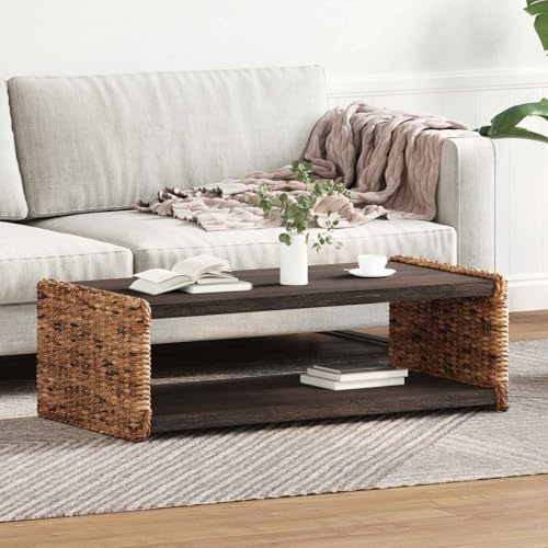Keeiluna Solid Mahogany Wood Side Table, Natural Rattan Accent Coffee Table, 110x55x35 cm Rectangular Living Room Furniture, Modern Corner End Unit with Bracket Shelf