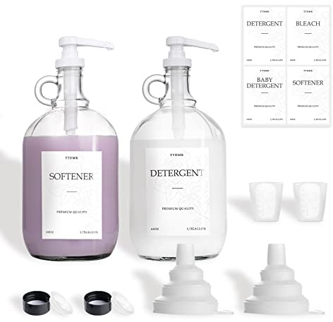 2 Pcs Glass Liquid Laundry Detergent Dispenser, Half Gallon Laundry Soap Dispenser for Laundry Room (64 oz. Each), Laundry Detergent Bottles with Pump Dispenser -Includes Labels, Funnel, Measuring Cup