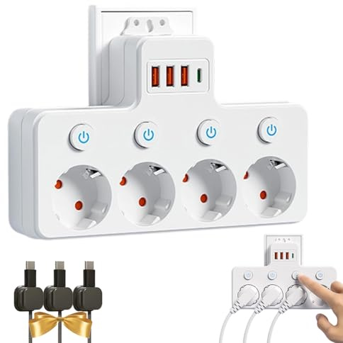 Intelligente Steckdosenleiste Mit USB-AnschlüSsen, Steckdosenleiste Ohne Kabel, Mehrfachsteckdose Ohne Kabel Mit UnabhäNgigem Schalter Mit 3 USB & 1 Type-C (4 Fach,Drahtlos)