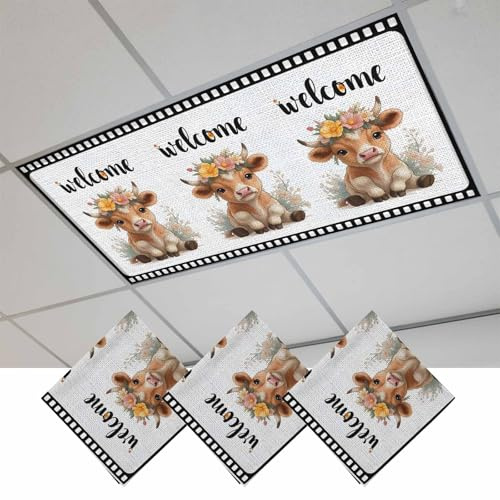 Fewipomaz Cute Cow Fluorescent Light Covers 3 Pack Welcome Words Animal Flower Film Boundary Linen Texture Magnetic Fluorescent Ceiling Lights Filters for Office Classroom Home Drop Ceiling 4x2 Feet
