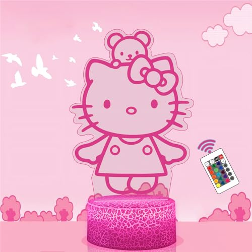 Shenjia Kitty Lampe 3D LED Nachtlicht, 16 Farben mit Fernbedienung | Blendfreies Licht, niedliche Deko für Kinderzimmer und Schlafzimmer