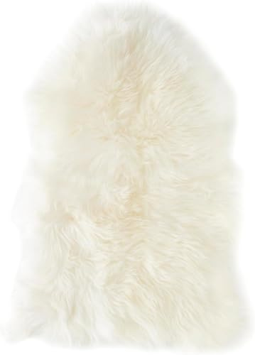 -LUXOR- living Schaffell echt, Fellteppich, Bettvorleger, 50 x 75 cm, Weiß | Oberseite 100% Wolle, Rückseite 100% Leder gegerbt, Florhöhe ca. 50 mm, Kuschelteppich