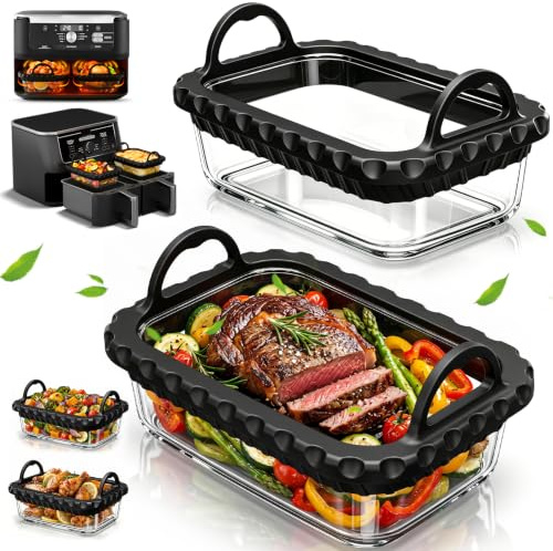 Fuente de Vidrio para Freidora de Aire para COSORI 8,5L/10L, 2 Piezas | Cesta Cuadrada de Vidrio, Resistente al Calor, Cazuela de Cristal, Accesorio Air Fryer, para Ninja AF400EU/ DZ400EU/ SL400EU